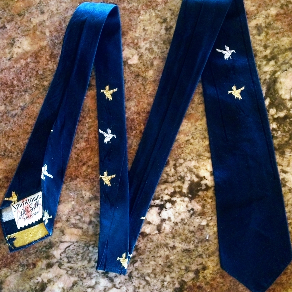 VTG  Mid Century Modern 100% Blue Silk Tie Smithtown Mallard Preppy  Embroidered